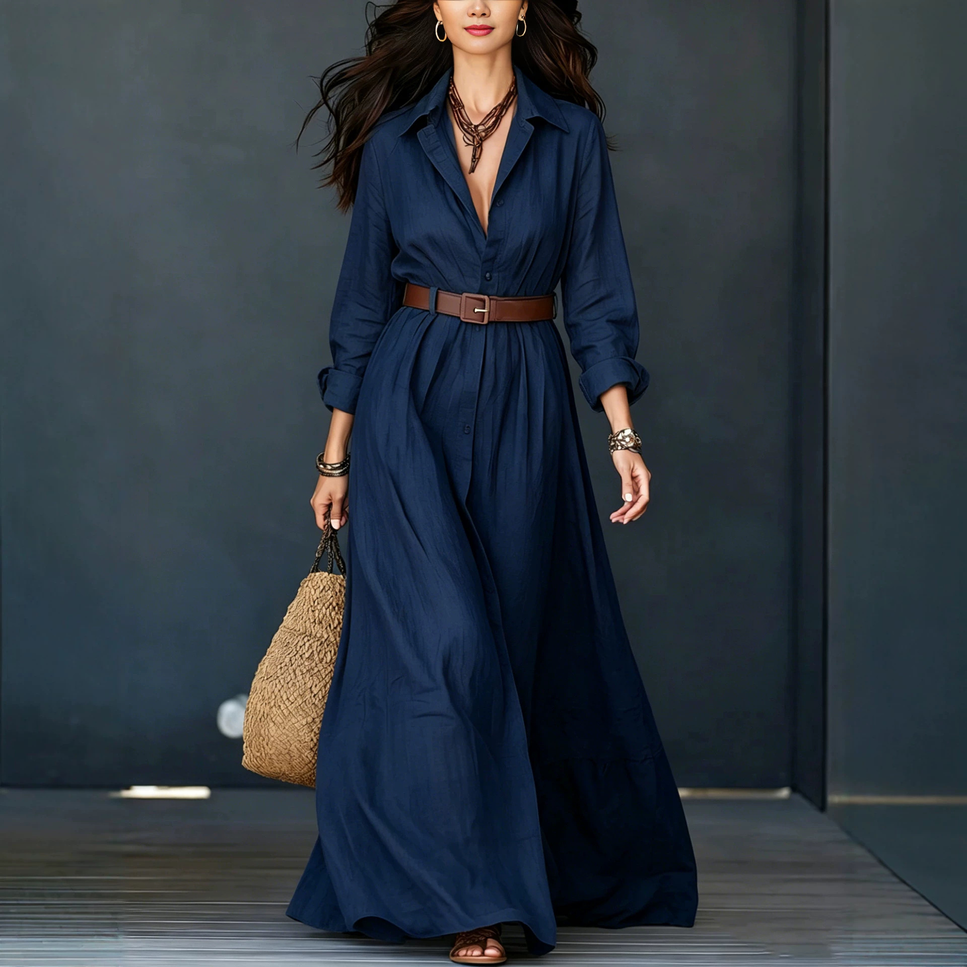 Cotton-Linen Shirt Dress with Collar, Long Sleeves, Belted Waist, Floor-Length