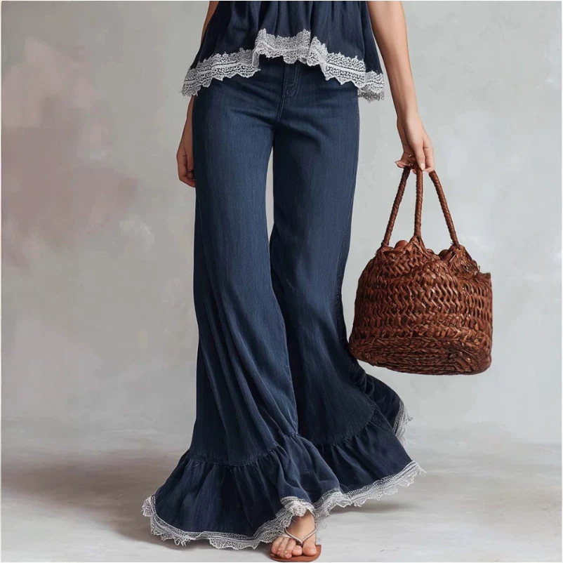 Retro Dark Blue Tencel Lace V-Neck Top and Pants Set