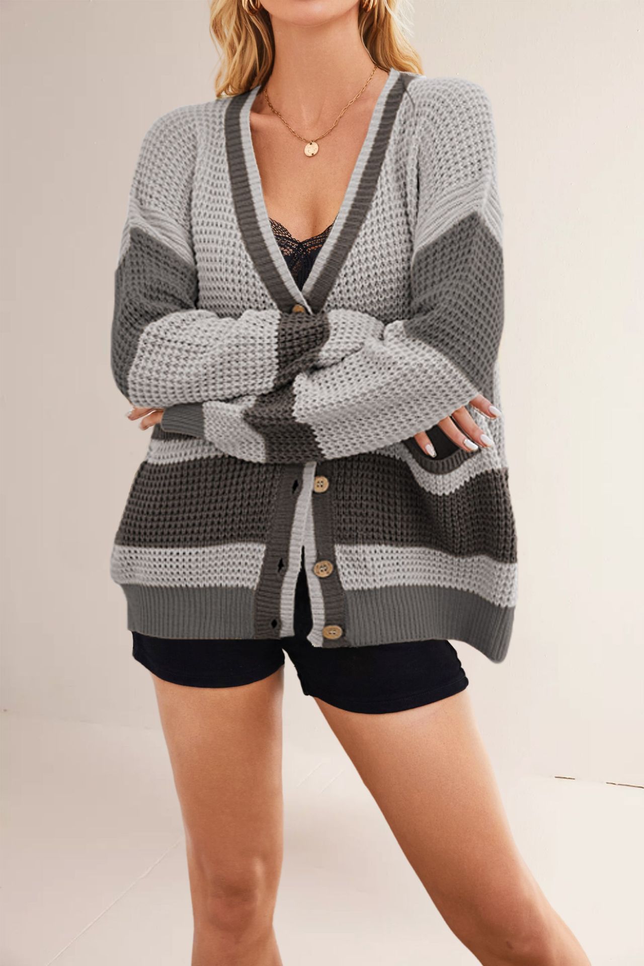 Women's V-Neck Colorblock Knit Cardigan with Pockets Plus Size