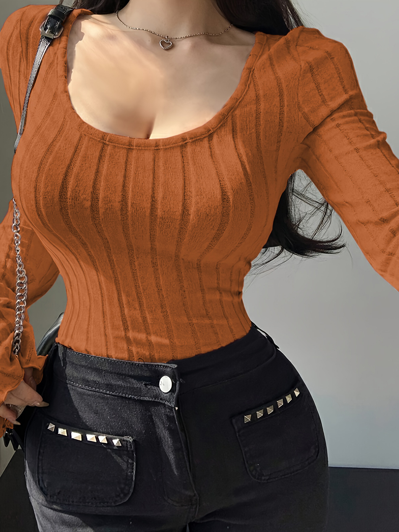 Brushed Ribbed Long Sleeve V-Neck Top