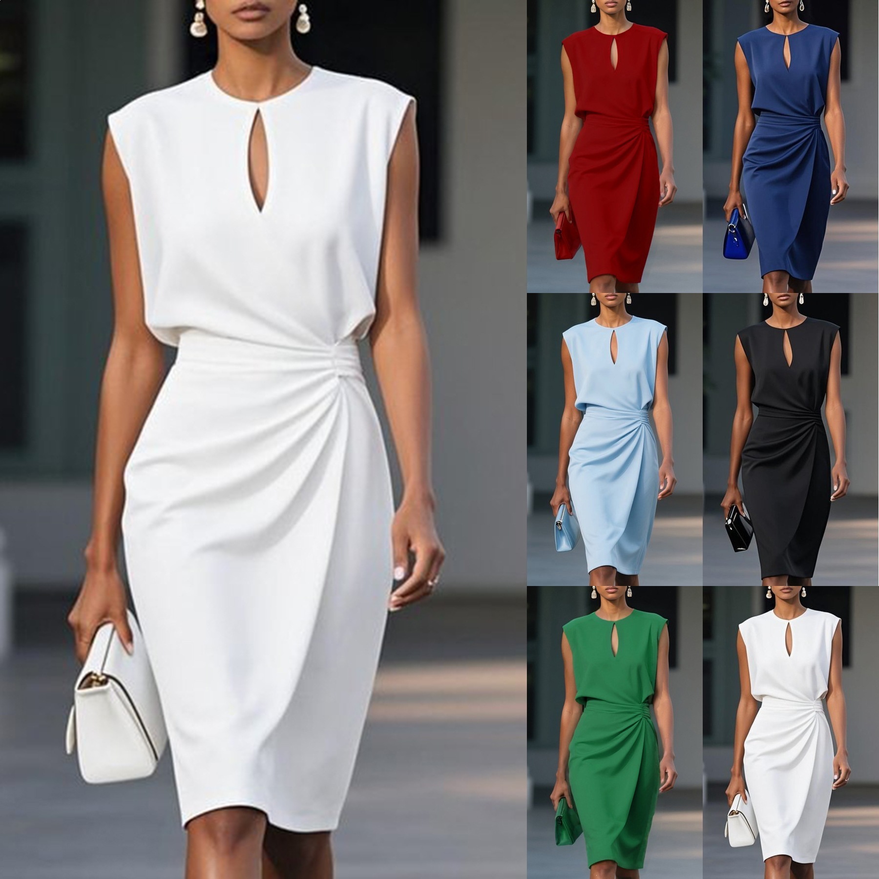 Women's Summer Sleeveless Dress Solid Color Ruched Waist Round Neck Cutout
