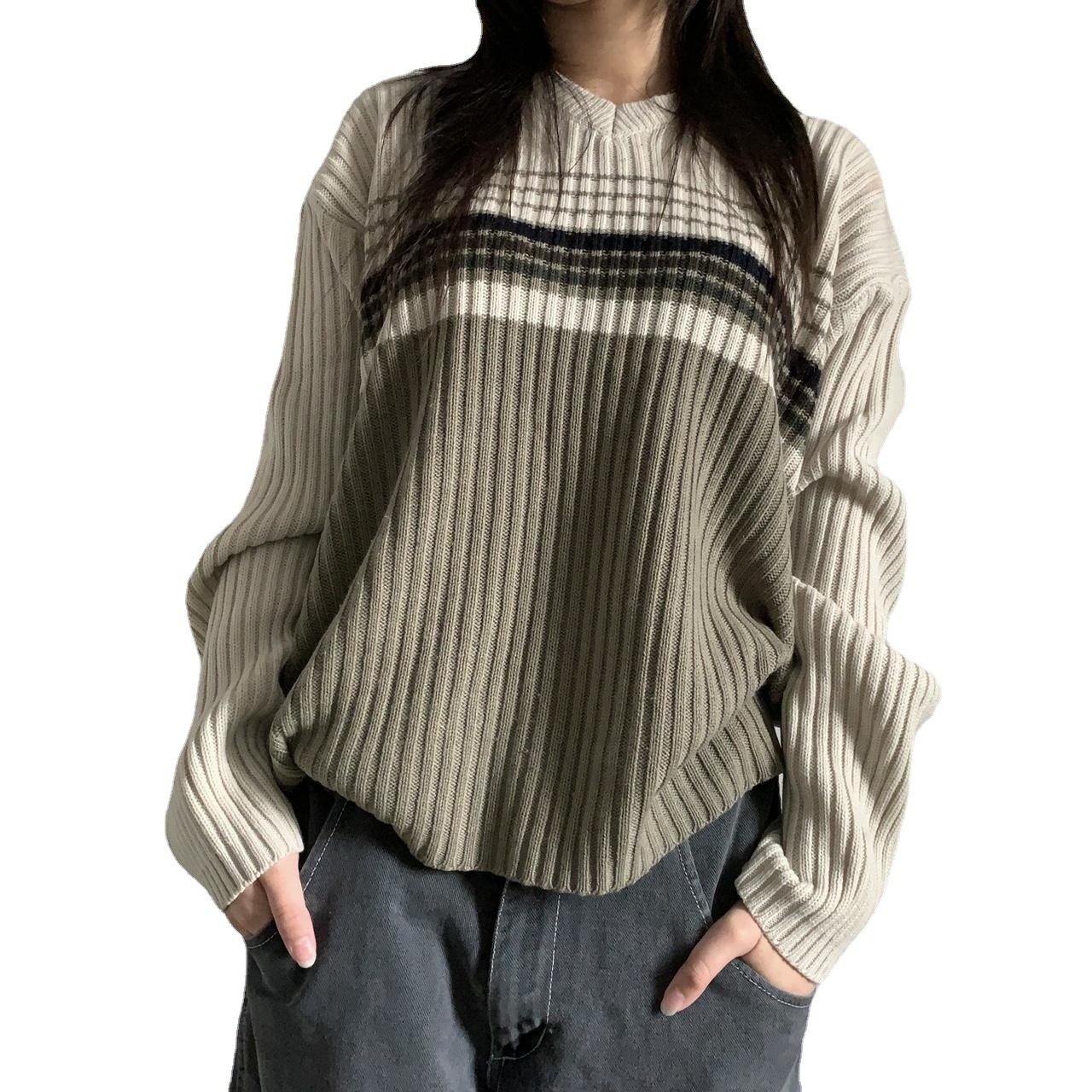 V-Neck Striped Color-Block Loose Knit Sweater