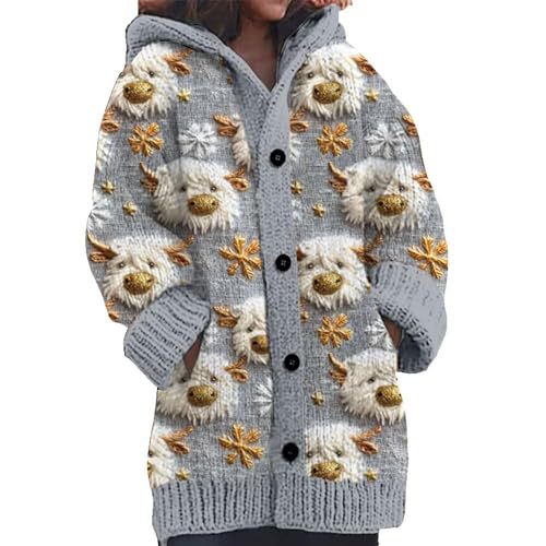 Women's Cartoon Cow Print Hooded Button Cardigan Sweater