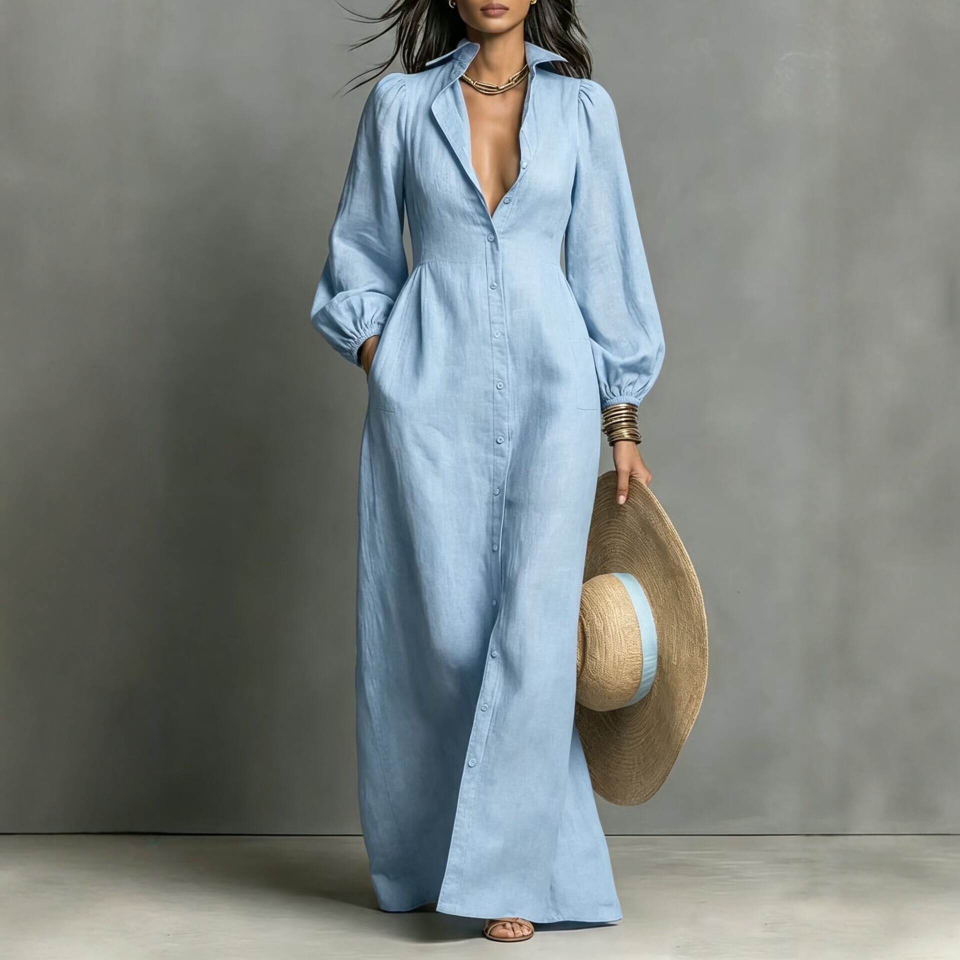 Lantern Sleeve Button-Front Long Shirt Dress Retro Casual