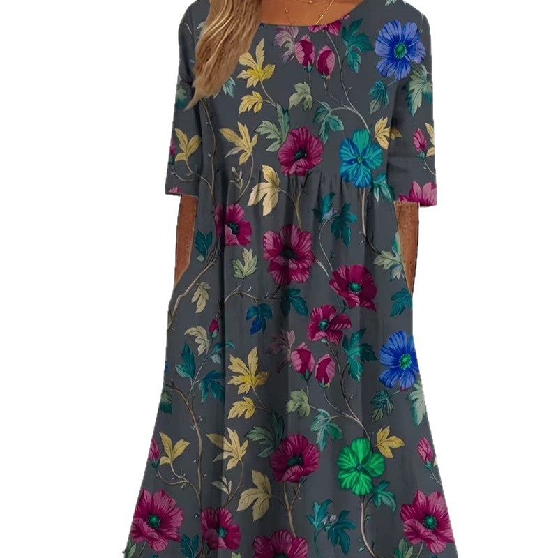 Women's Vintage Floral Print Pleated Midi Dress