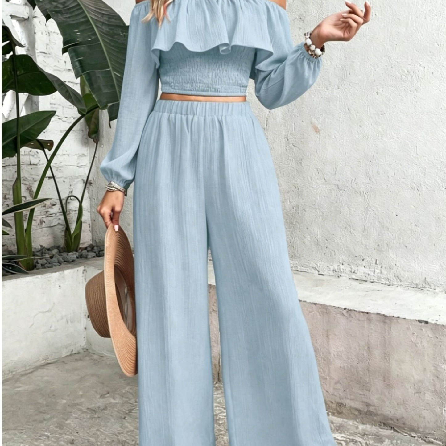 Women's Boho Off-Shoulder Ruffle Top & High-Waist Wide-Leg Pants Set