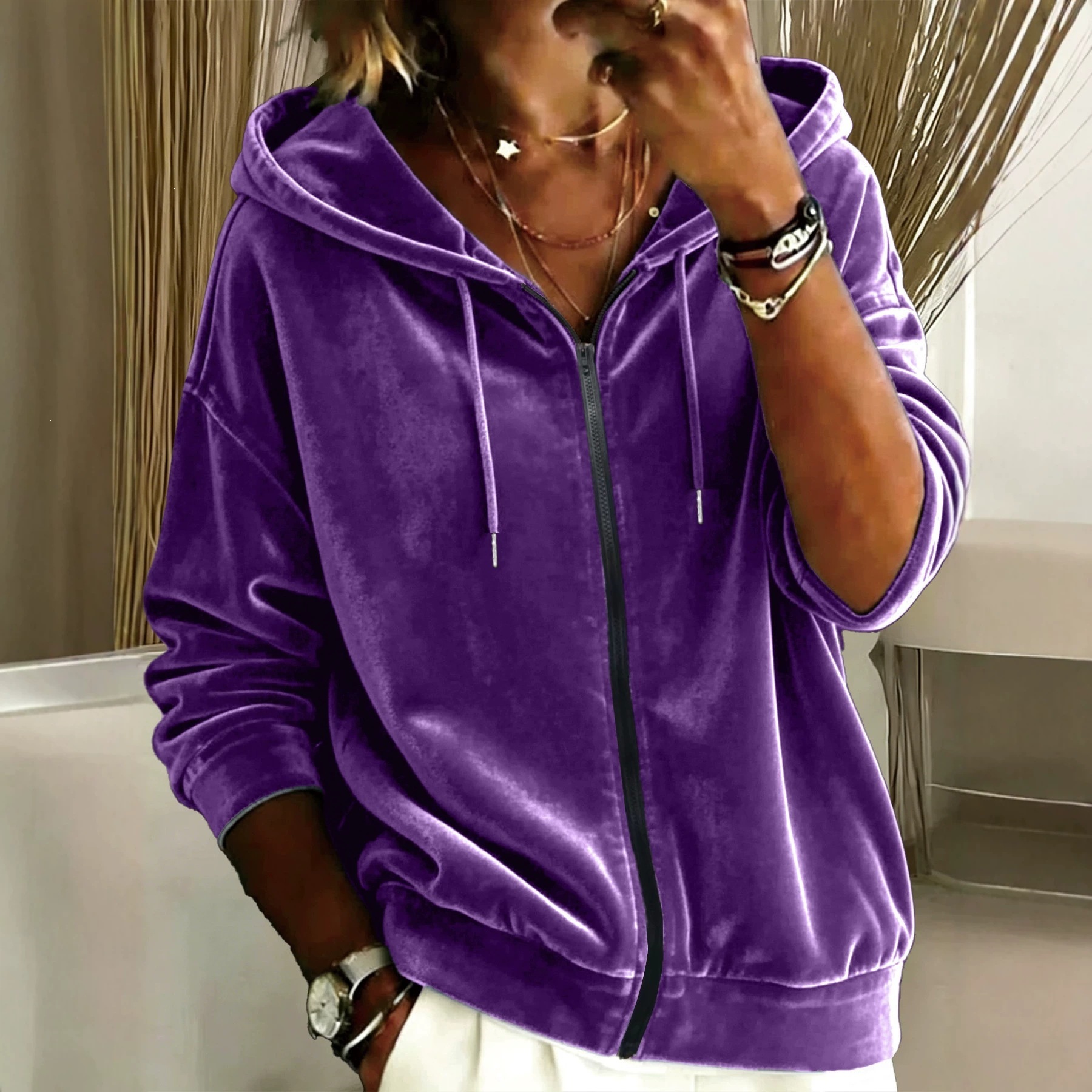 Women's Solid Color Drawstring Hooded Zip-Up Long Sleeve Sweatshirt