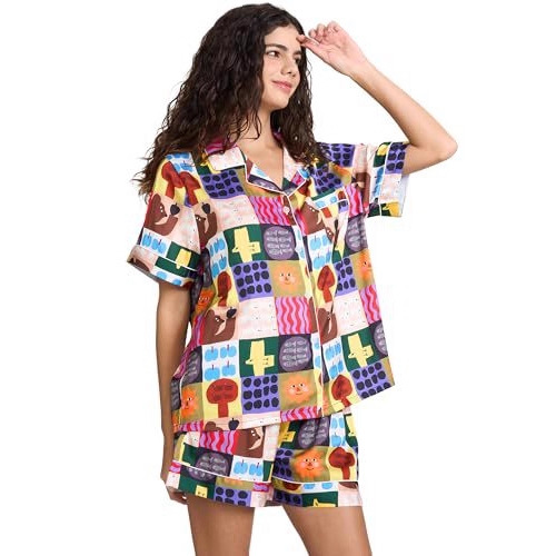 Women's Cuban Collar Zebra Floral Print Short Sleeve Shirt Set