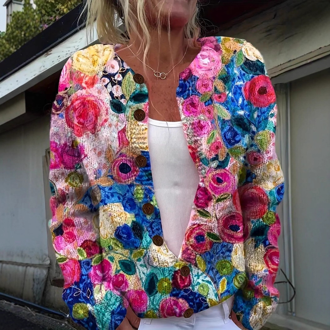 Women's Floral Print Long Sleeve Crew Neck Pullover Sweater