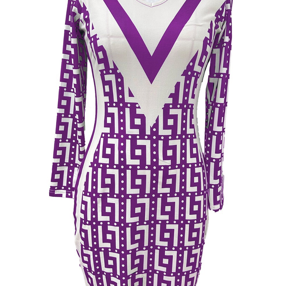 Geometric Print V-Neck Bodycon Dress with Sleeves