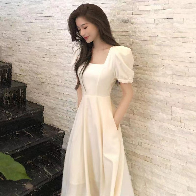 French Vintage Hepburn Style Midi Dress Square Neck Puff Sleeve A-Line