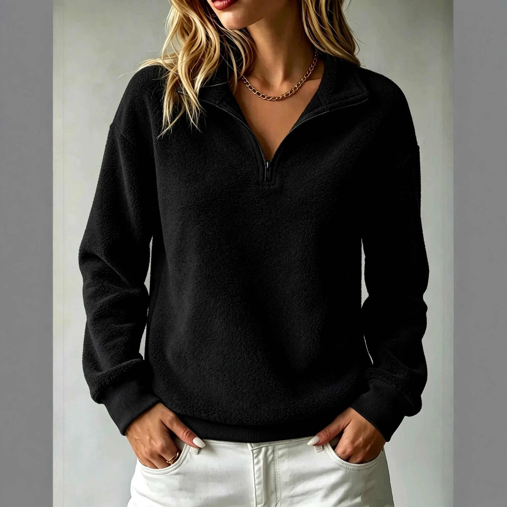 Fleece Half-Zip Pullover Sweatshirt Loose Fit Solid Long Sleeve Women's Top