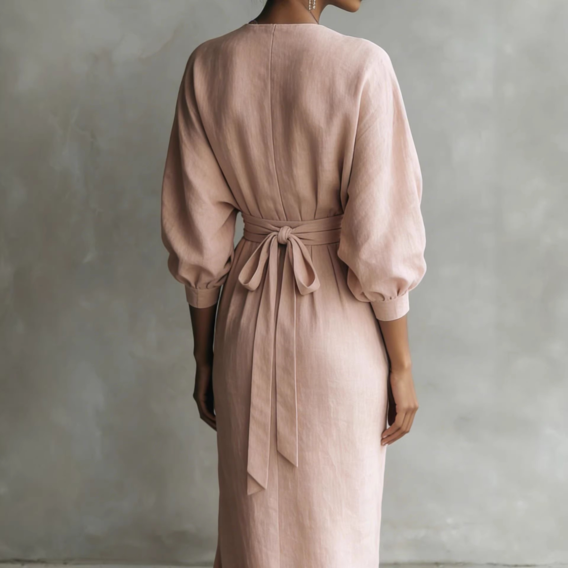 Solid V-Neck Long Sleeve Maxi Dress with Belt