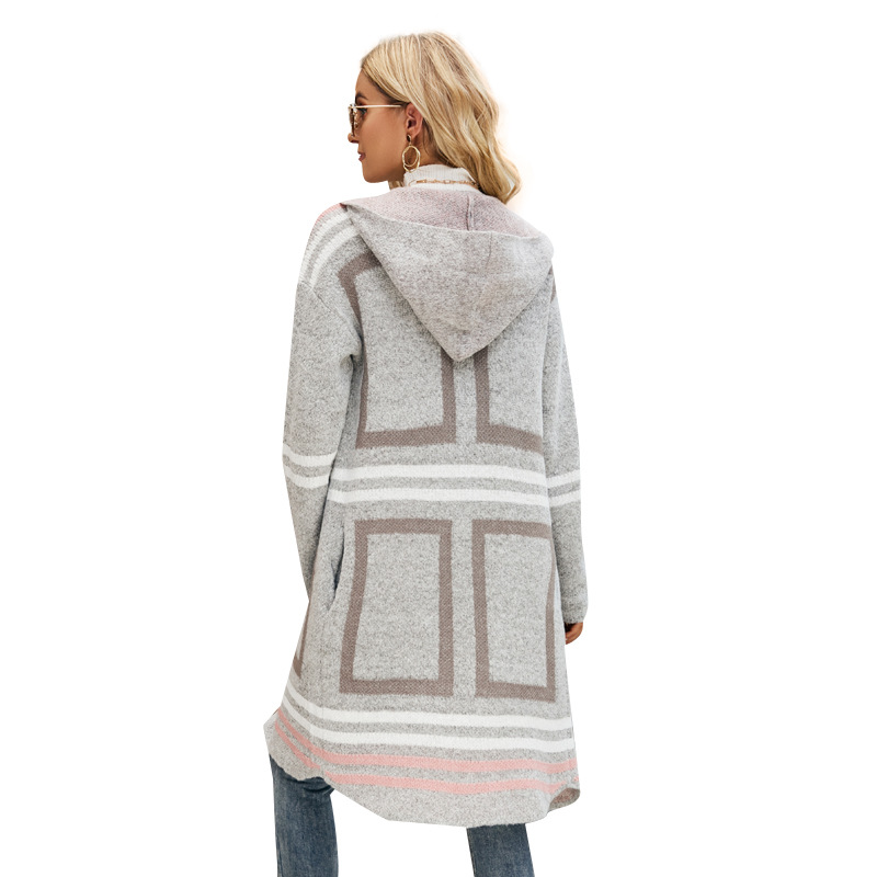 Women's Long Hooded Plaid Knit Cardigan Striped Sweater Coat