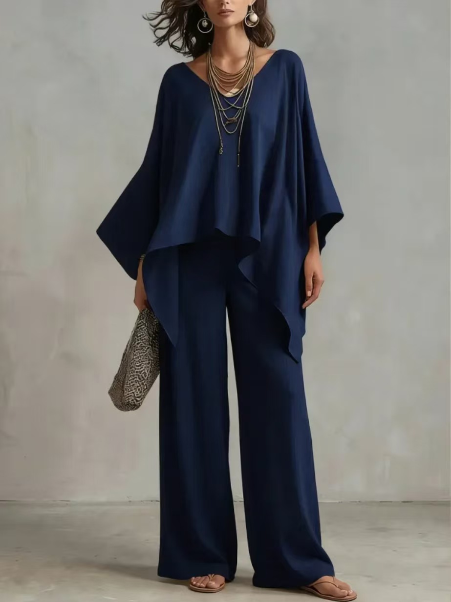 Women's Summer Cotton-Blend Two-Piece Set – Solid Color, Loose Fit, Elegant Casual