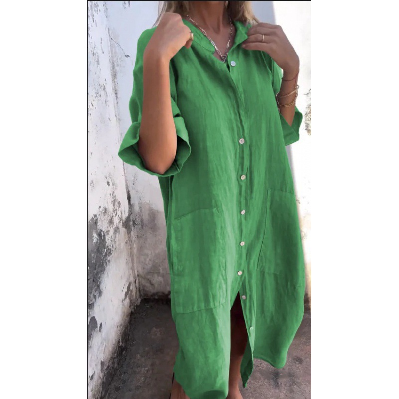 Women's Loose Linen-Look Midi Shirt Dress with Pockets