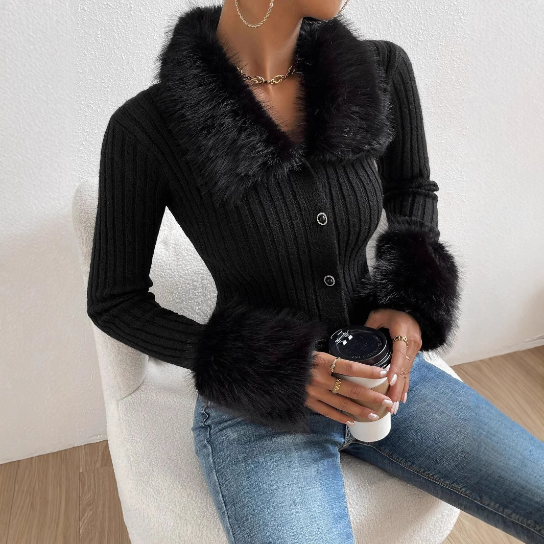 V-Neck Slim-Fit Knit Cardigan with Faux Fur Trim