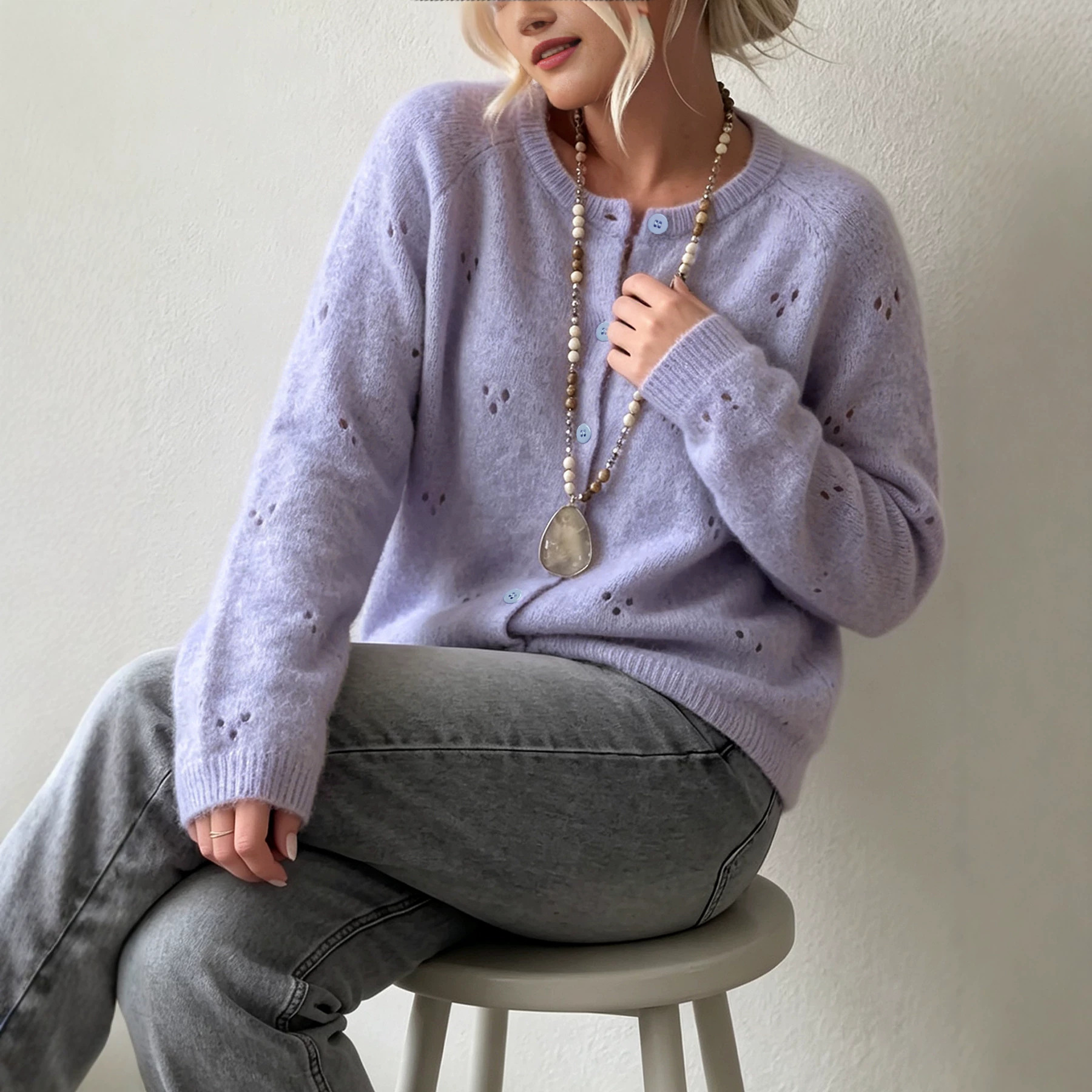 Women's Wool-Blend Crewneck Open-Knit Cardigan