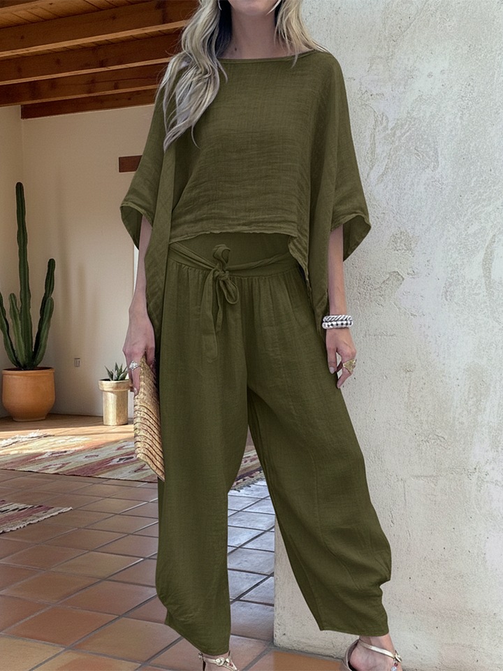 Women's Solid Color Tie Shirt and High-Waist Straight-Leg Pants Set