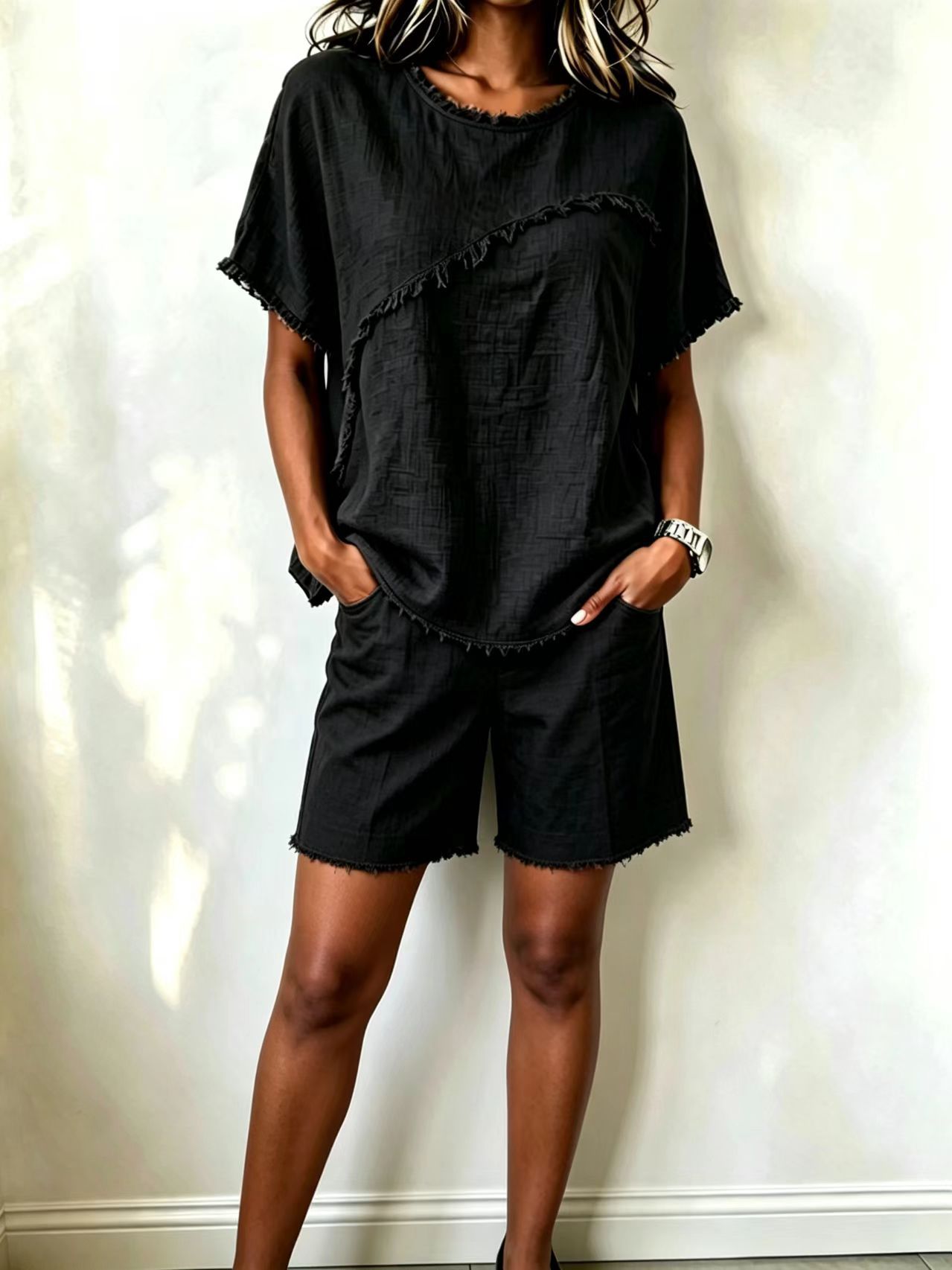 Women's Linen Two-Piece Set Crewneck Top & Shorts Casual