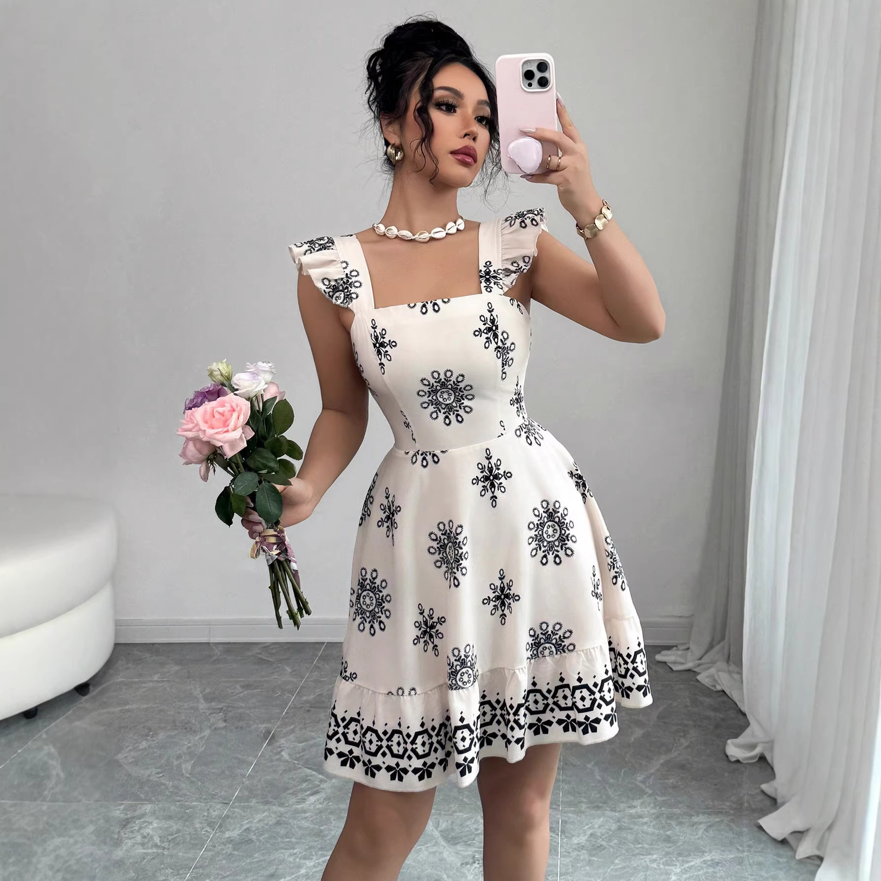 Floral Print Cami Dress with Ruffle Sleeves and Lace Trim