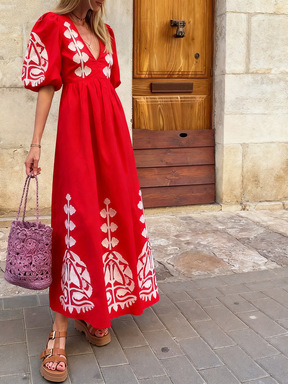 Floral Print V-Neck Puff Sleeve Open Back Loose Casual Midi Dress