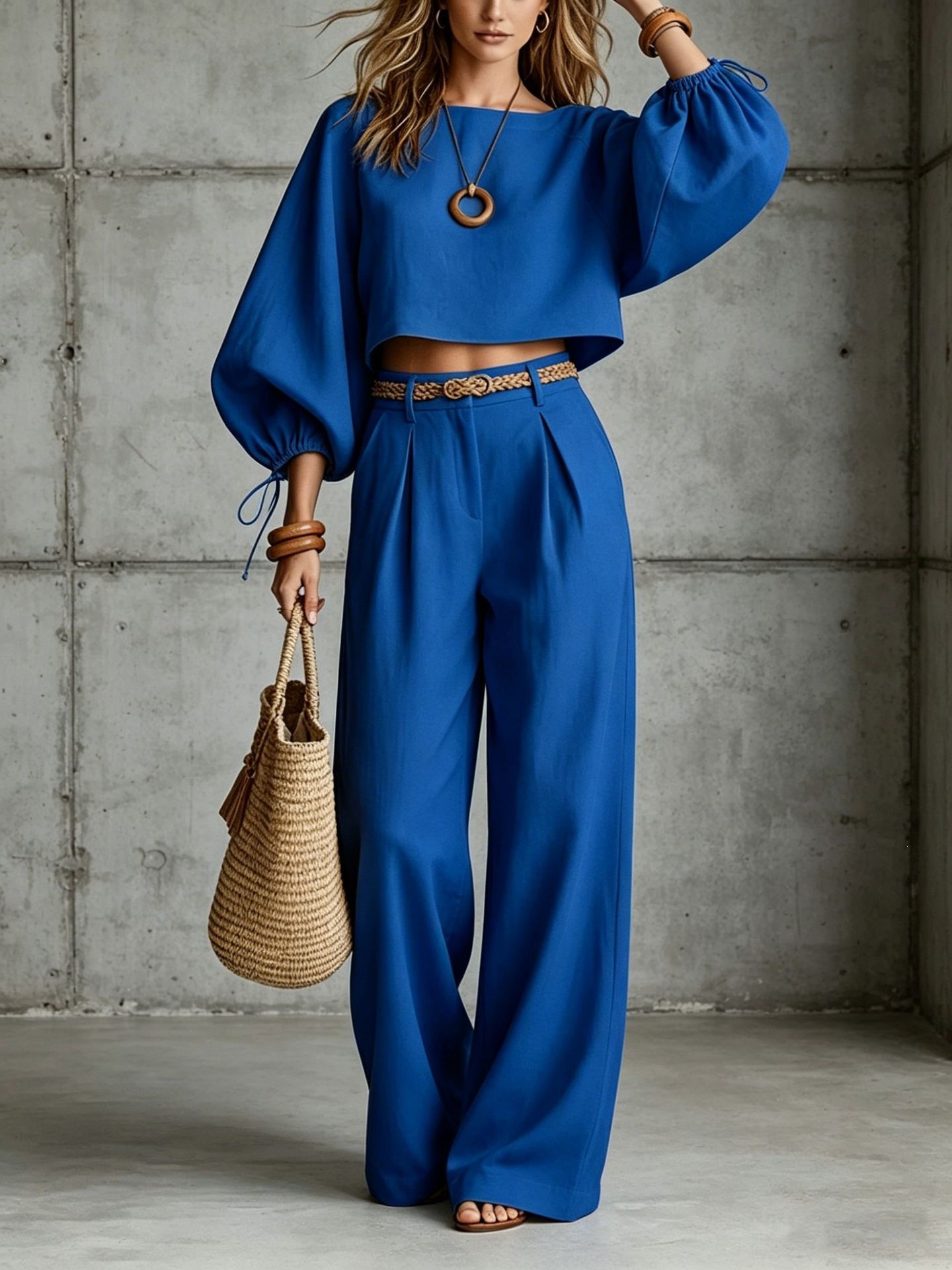 Women's Puff Sleeve Crop Top and Wide-Leg Pants Two-Piece Set