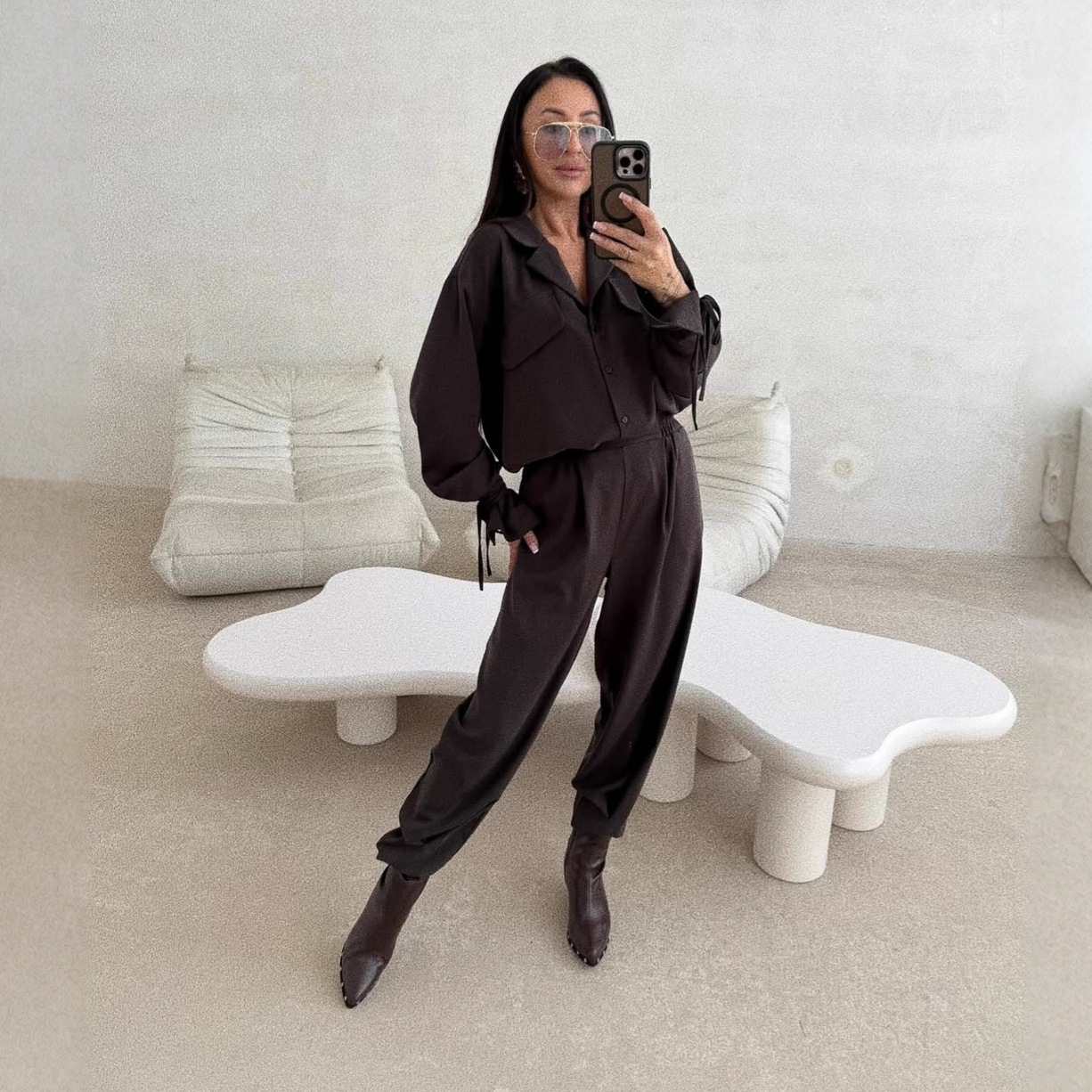 Women's Crepe Collared Long-Sleeve Shirt & Pants Set