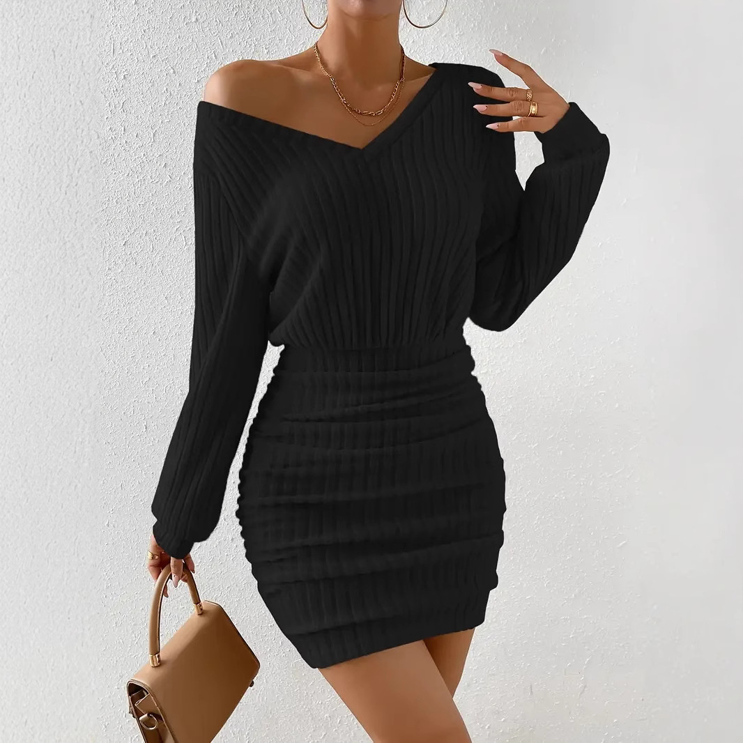 Women's Brushed Ribbed V-Neck Long Sleeve Bodycon Dress