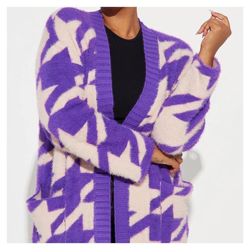 Geometric Houndstooth Knit Cardigan Faux Mink Long Sleeve