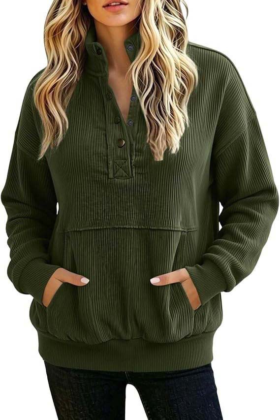 Solid Color Button-Front Long-Sleeve Hoodie with Pockets