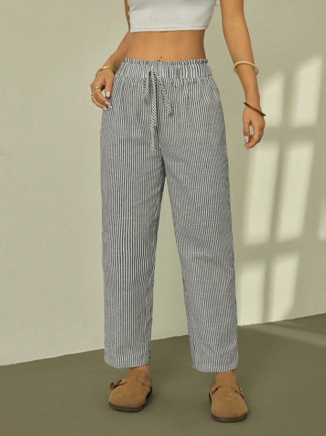 Women's Striped Elastic Waist Straight Leg Casual Pants