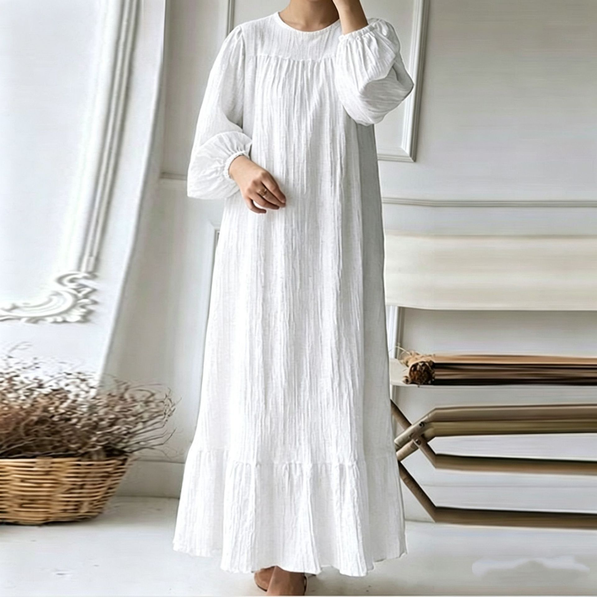 Women's Puff Sleeve Ruffle Hem Long Dress Solid Color