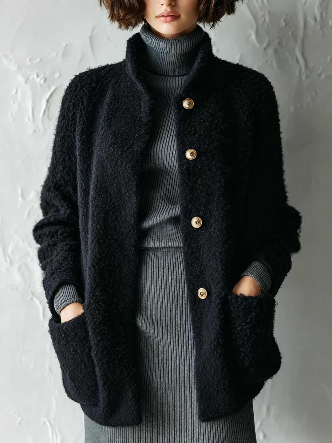 Women's Fuzzy Button-Up Cardigan Solid Color Loose Fit