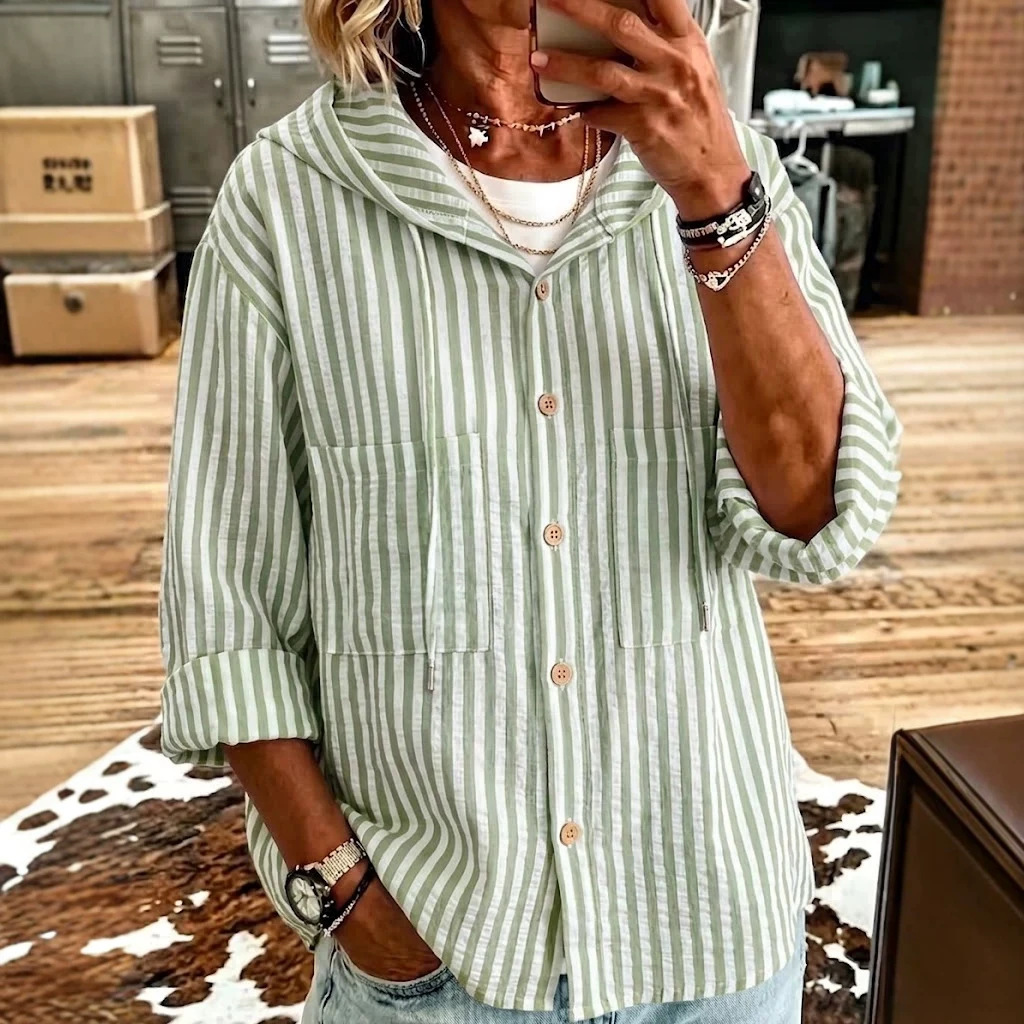 Striped Drawstring Button Hooded Long-Sleeve Top
