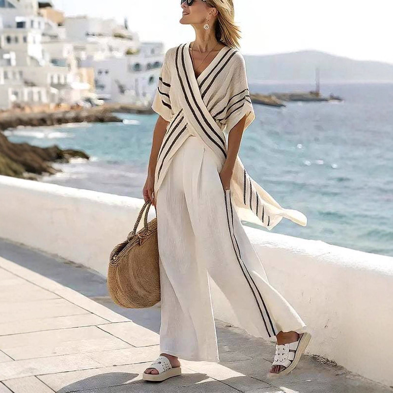 Women's Striped Cross Top & Wide-Leg Pants Set Casual Loose Fit