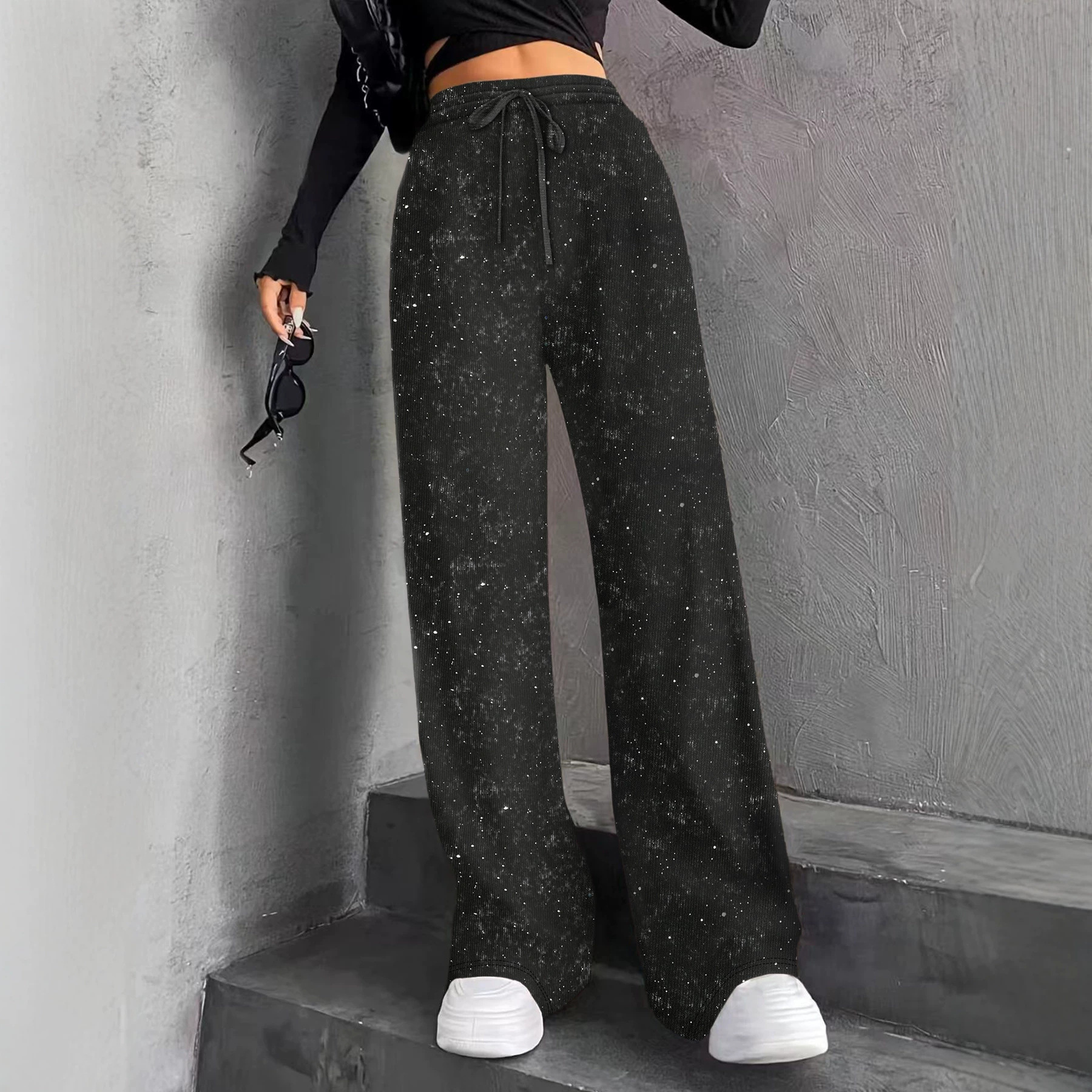 Glitter Star Wide-Leg Pants for Women Summer Drapey Straight Elastic Waist