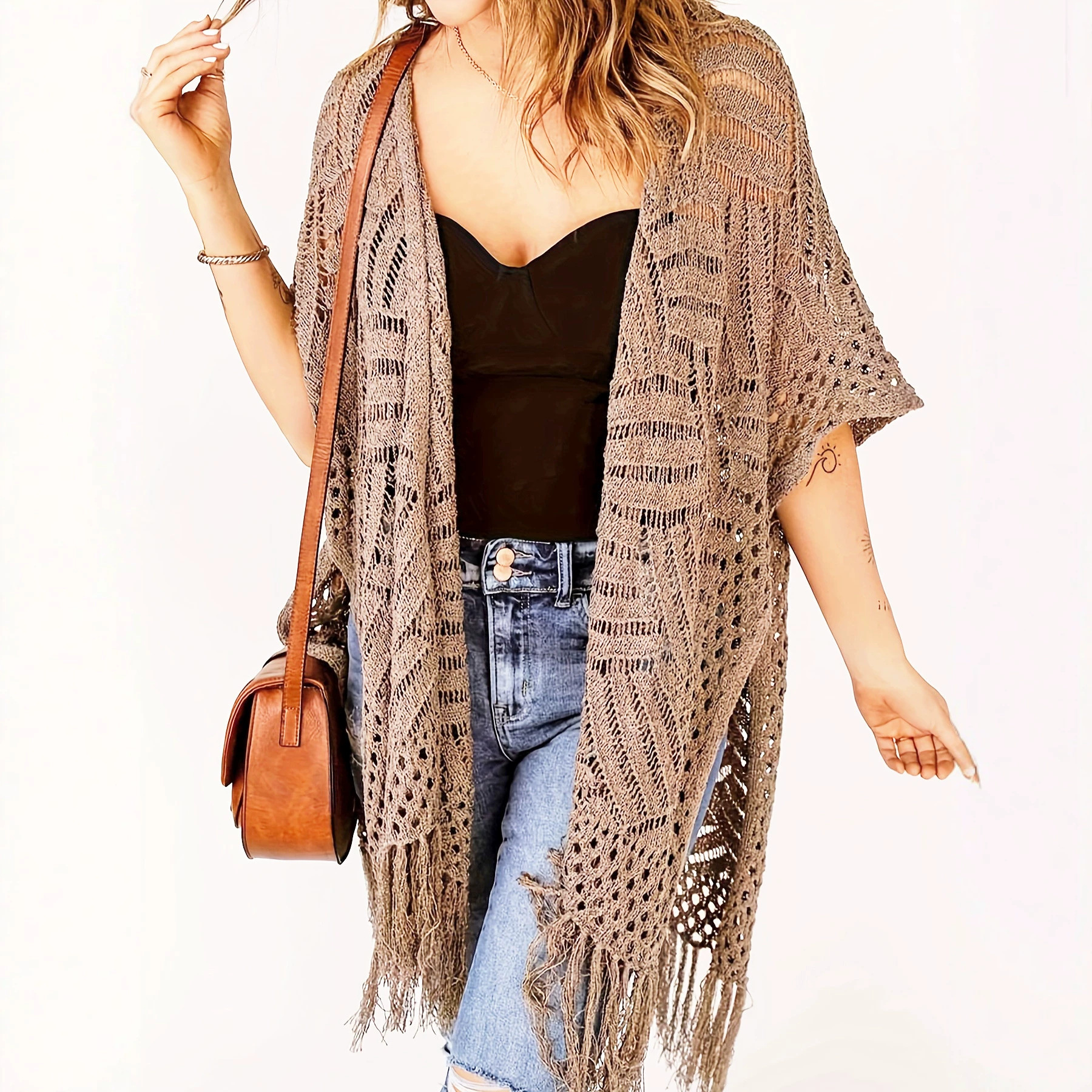 Plus Size Sheer Fringe Knit Bikini Cover-Up Beach Cardigan