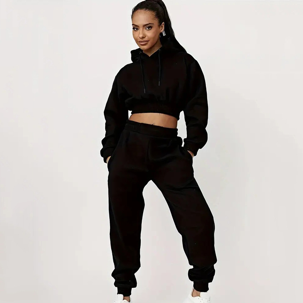 Women's Fleece-Lined Hooded Sweatshirt & Pants Set with Drawstring