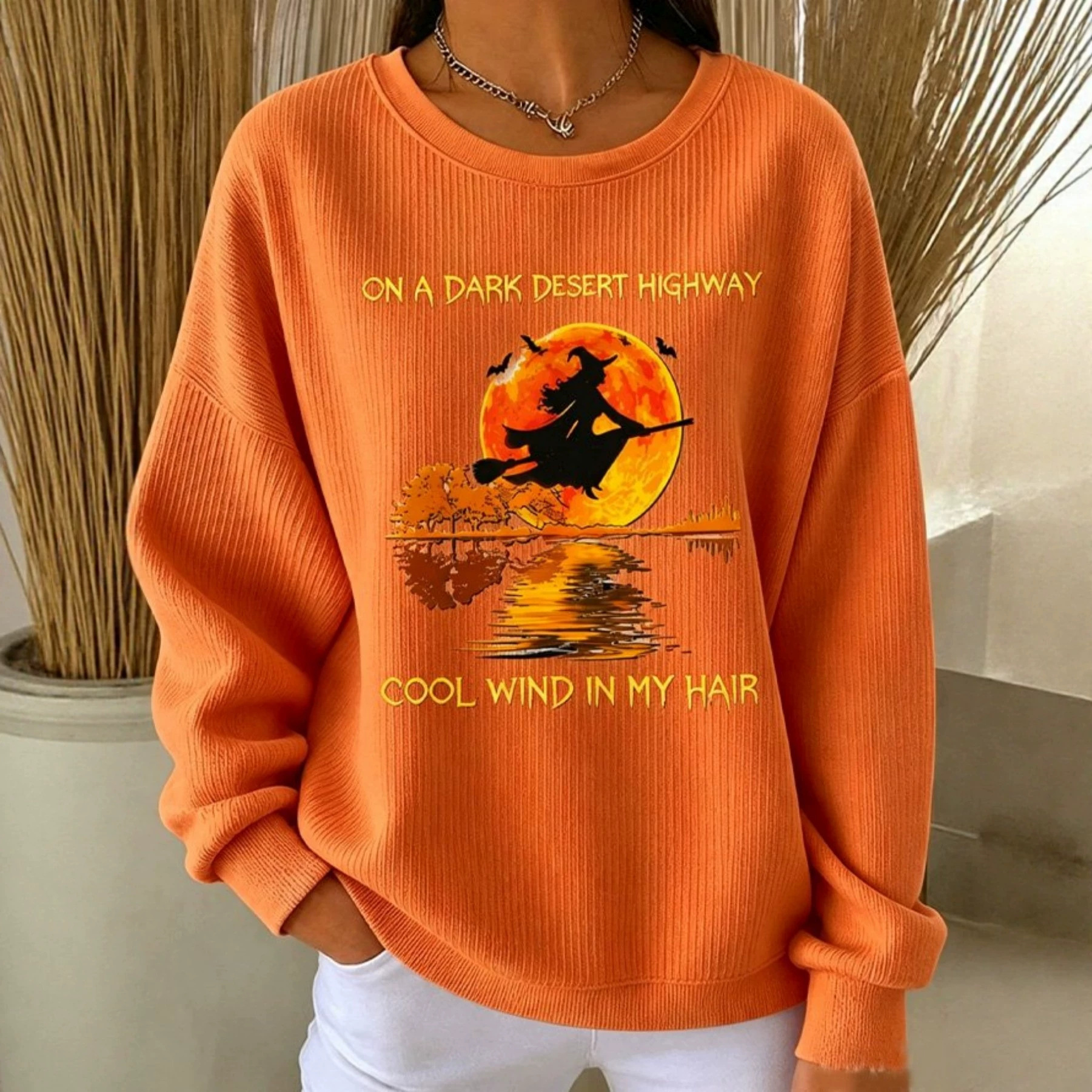Halloween Witch Broom Print Crewneck Long-Sleeve Pullover Sweatshirt