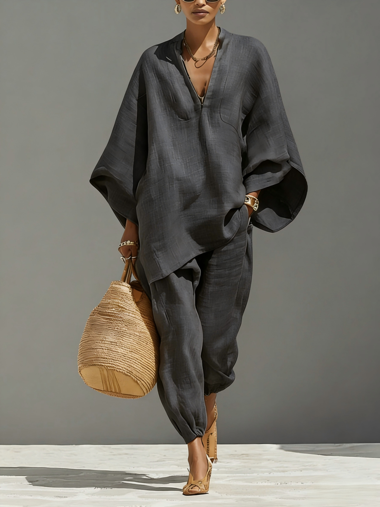 Women's Batwing Sleeve V-Neck Relaxed Two-Piece Set