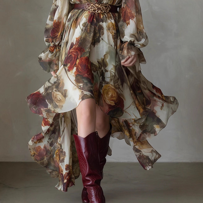 Bohemian Floral Print Ruffle Neck High-Low Chiffon Midi Dress