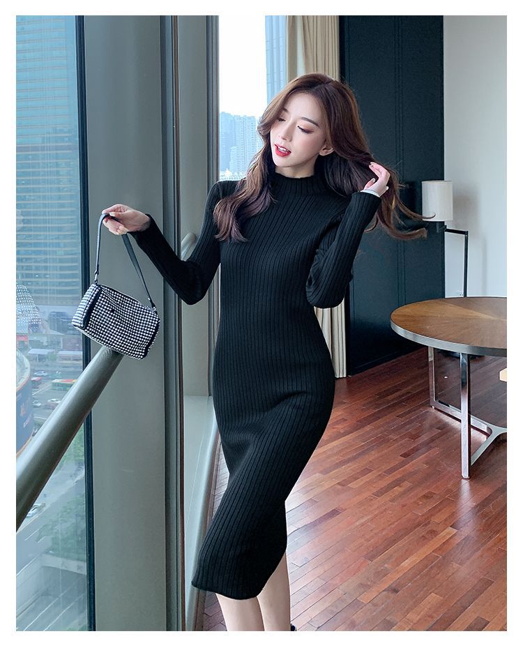 Women's Long Sleeve Knit Dress Slim Fit A-Line Midi