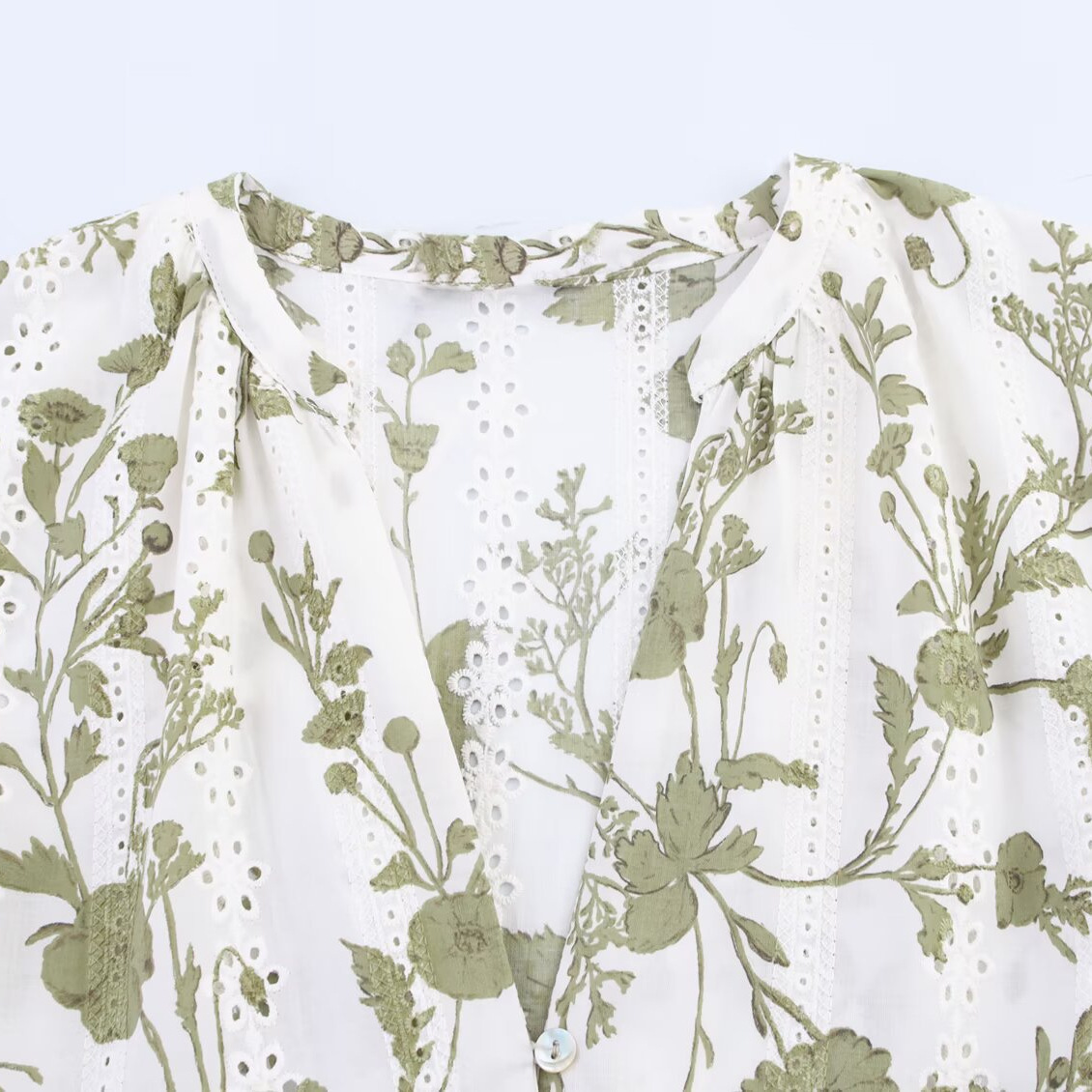 Women's Cutout Embroidered Floral A-Line Dress V-Neck Short Sleeve Light Green