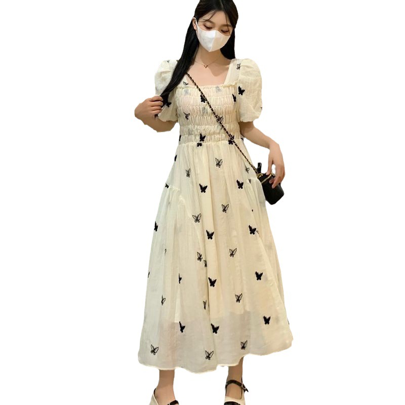 Square Neck Puff Sleeve Floral Dress Women's Summer French Style Slimming A-Line Midi