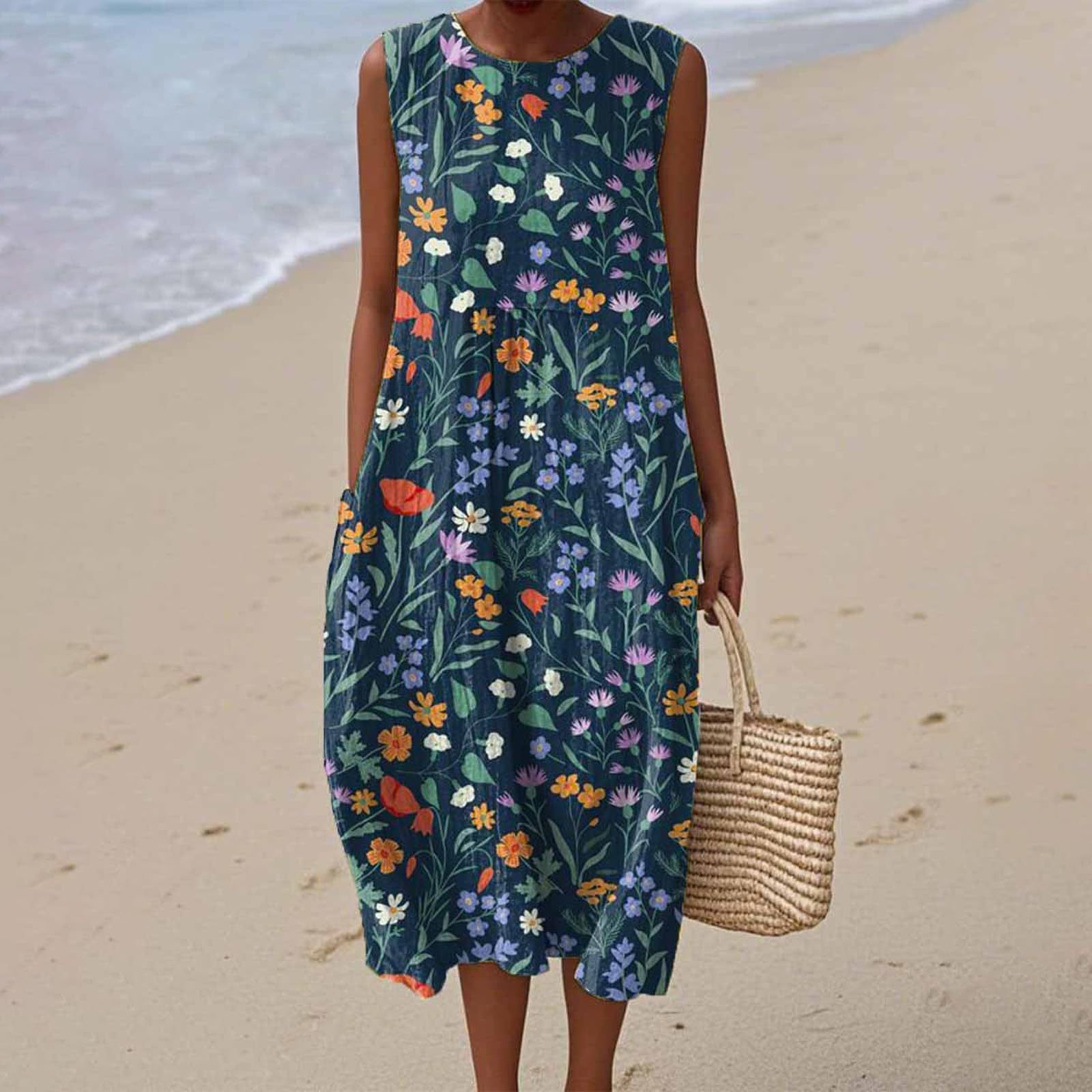 Women's Vintage Floral Print Midi Dress Sleeveless Round Neck Slim Fit