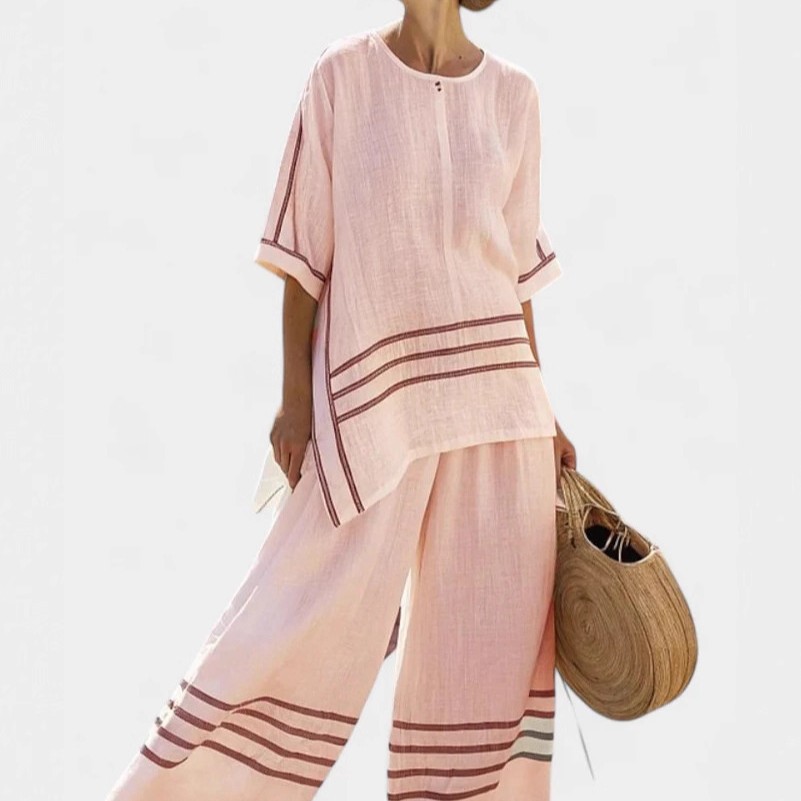 Striped Print Color-Block Mid-Sleeve Round Neck Top and Straight Pants Casual Set