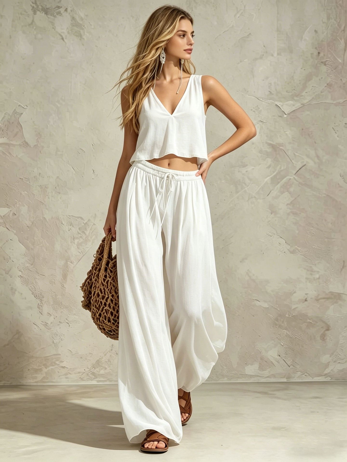 V-Neck Sleeveless Tank Top and Wide-Leg Pants Casual Set