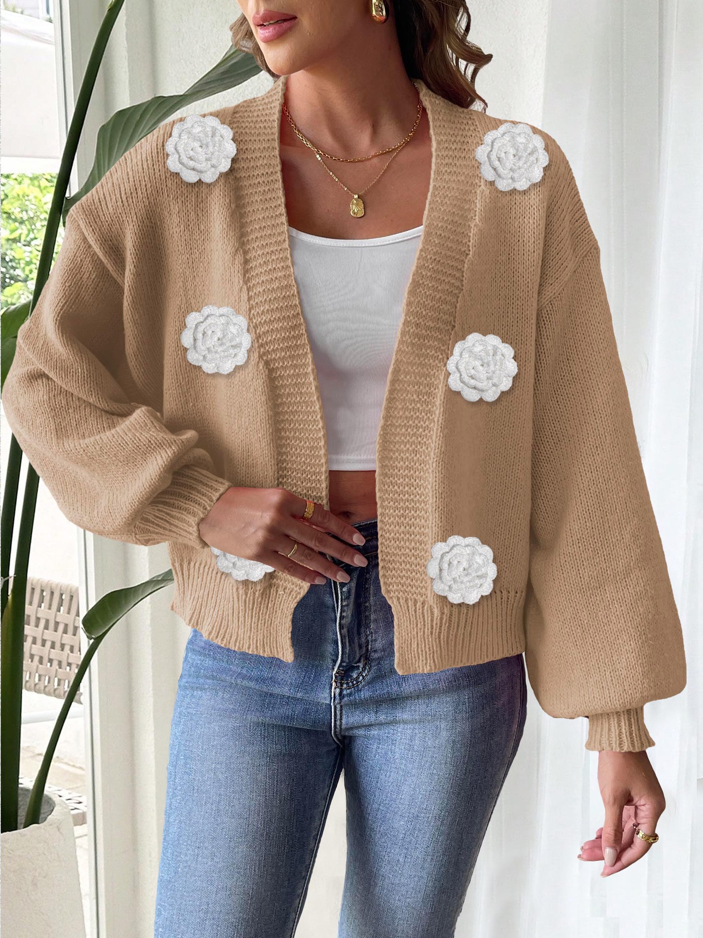 Women's Open-Front Cardigan with 3D Hand-Crocheted Floral Appliqué