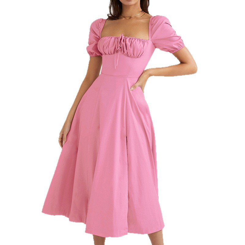 Elegant Solid Color Puff Sleeve Slit Dress for Commuting